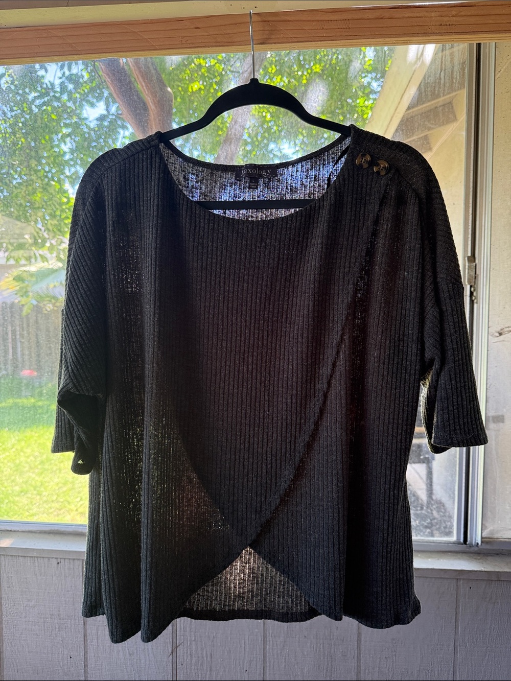 Luxology Olive Green Ribbed Wrap-Style Knit Top with Shoulder Buttons